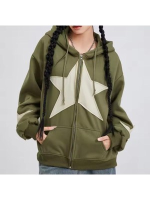 Vintage Star Zip Oversize Fermuarlı Unisex Kapüşonlu Hırka