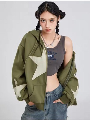 Vintage Star Zip Oversize Fermuarlı Kapüşonlu Hırka