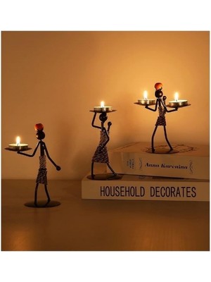 Hediye Fikri Afrikalı Kadın Tasarımlı Tealight Metal Mumluk Dekoratif Şık Hediyelik Üçlü Set