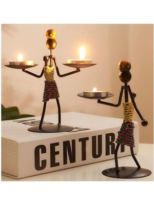 Hediye Fikri Afrikalı Kadın Tasarımlı Tealight Metal Mumluk Dekoratif Şık Hediyelik Üçlü Set