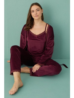 Kadın Sabahlıklı 3'lü Kadife Pijama Takımı 13402-13 Mürdüm