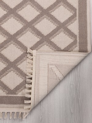 My Evilla Dekoratif Modern Naturel Kayma Yapmayan Yıkanabilir Pamuk Dokuma Kilim Saçaklı 7015 Vizon