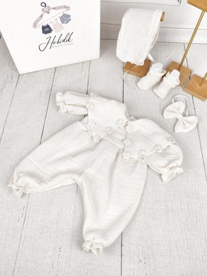 Hobidik Baby Bebek Krem Çift Kat Müslin Kumaş Tulum Set