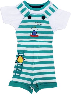 Erkek Bebek Yeşil Beyaz Çizgili Tişörtlü Tulum - 1014326