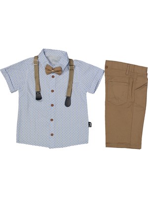 Erkek Çocuk Beyaz Kahve Ince Yaprak Desenli Gömlekli Papyonlu Askılı Kısa Kol 3'lü Takım - 1013647