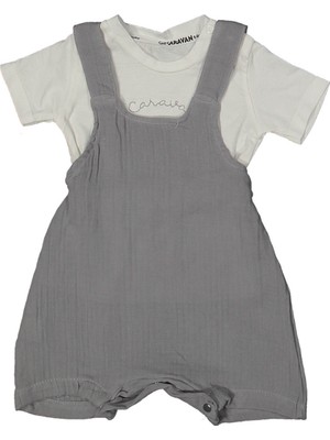 Erkek Bebek Ekru Gri Müslin Salopetli Takım - 1013642