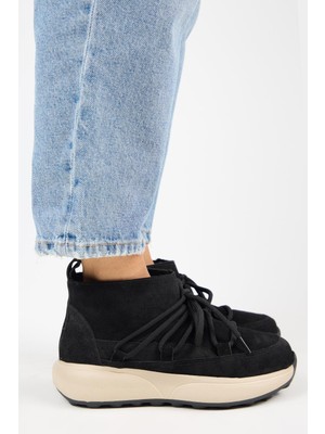 Manijero (Palmira) Kadın  Deri Içi Kürklü Bağcıklı Mini Siyah Bot