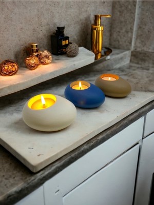 Three Drops Minimal Dekoratif Beton Tealight Mumluk 3'lü Set | Beyaz-Mavi-Vizon |