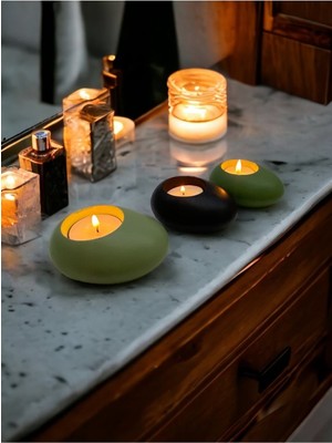 Three Drops Minimal Dekoratif Beton Tealight Mumluk 3'lü Set | Mint Yeşil-Siyah-Avokado |