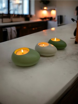 Three Drops Minimal Dekoratif Beton Tealight Mumluk 3'lü Set |mint Yeşil-Alaçatı-Avokado|