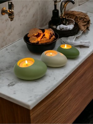 Three Drops Minimal Dekoratif Beton Tealight Mumluk 3'lü Set |mint Yeşil-Alaçatı-Avokado|