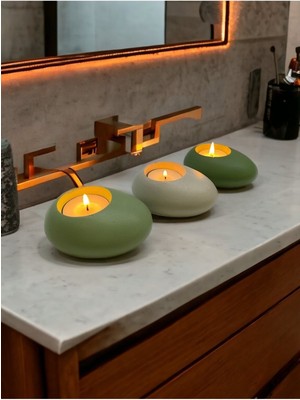 Three Drops Minimal Dekoratif Beton Tealight Mumluk 3'lü Set |mint Yeşil-Alaçatı-Avokado|