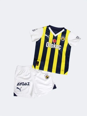 Fenerbahçe 23/24 Sezon Otokoç Çubuklu Beyaz Şort Çocuk Futbol Forması 4 Lü Set Şort+Forma+Çorap+Bileklik