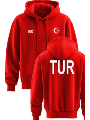 Top Glory Kapşonlu Kışlık Sweatshirt Türkiye Erkek Kırmızı Grafik Desenli Uzun Kol