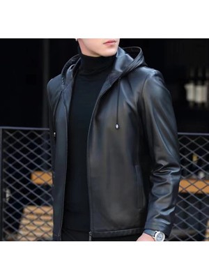 Kapüşonlu Hakiki Deri Spor Ceket