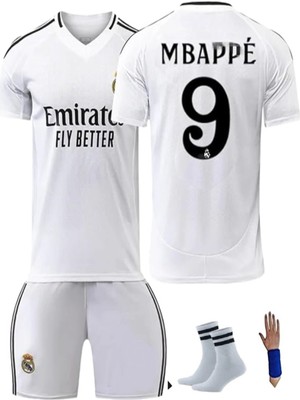 Real Madrid Mbappe 24/25 Sezon 9 Numara Beyaz  Çocuk Alt-Üst Forma Takımı 4'lü Set Çorap+Bileklik