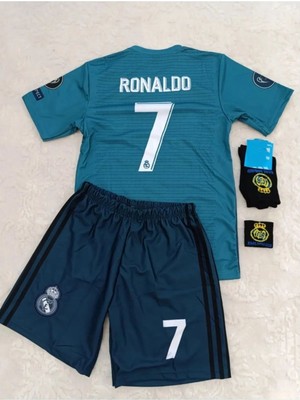 Real Madrid Ronaldo Turkuaz 2018 Sezon Deplasman Çocuk Alt-Üst Forma Takımı 4'lü Set Çorap+Bileklik