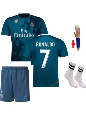 Real Madrid Ronaldo Turkuaz 2018 Sezon Deplasman Çocuk Alt-Üst Forma Takımı 4'lü Set Çorap+Bileklik