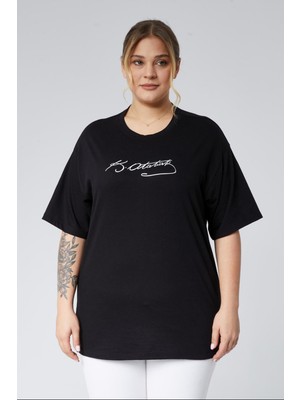 Büyük Beden Atatürk Imza Baskılı Oversize Basic Konfor Kısa Kol Süprem Tshirt-Siyah