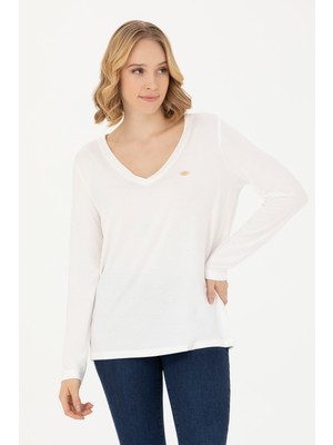 U.S. Polo Assn. Kadın Ekru V Yaka Sweatshirt 50271543-VR019