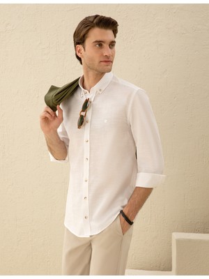 Pierre Cardin Erkek Beyaz Slim Fit Keten Görünümlü Gömlek 50252491-VR013