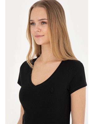 U.S. Polo Assn. Kadın Siyah V Yaka Basic Tişört 50280068-VR046