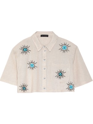 Quzu Göz Nakış Detaylı Crop Gömlek Naturel