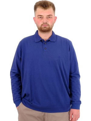 ModeXL Büyük Beden Erkek Sweatshirt Indigo Uzun Kol Polo Yaka Nakışlı 2023 Sonbahar - Kış