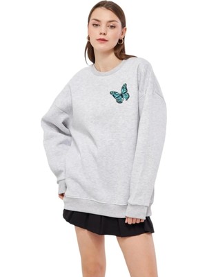 Unisex Gri Renk Basic Sweatshirt Bisiklet Yaka Hoodie Baskılı  %100 Pamuklu