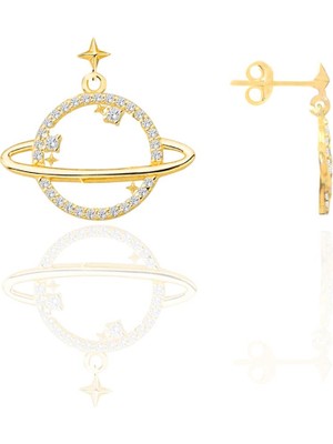 Söğütlü Silver Gümüş Altın Yaldızlı Zirkon Taşlı Satürn Gezegen Küpe SGTL12657GOLD
