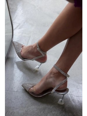 Trendy Anka Şeffaf Gümüş Kristal Taşlı 8 cm Şeffaf Kadeh Topuklu Düğün Nişan Abiye Ayakkabı