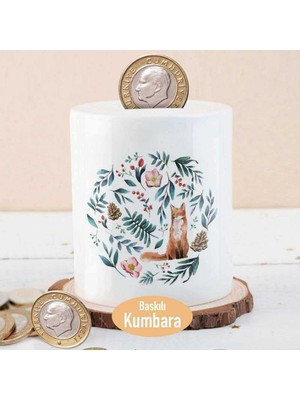 Asilmeydan Seramik Kumbara Yeşil Yapraklar Arasında Tilki Baskılı Çocuklara Uygun Hediye Fikri