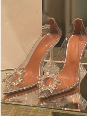 Trendy Anka Kadın Princess Gümüş Nude Taba Beyaz Şeffaf Topuklu Taşlı Stiletto Sivri Burunlu Ayakkabı