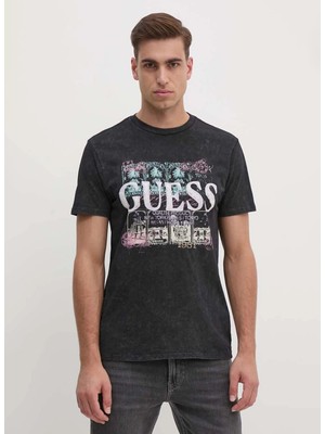 Guess Siyah Erkek T-Shirt M4YI79K9RM1JTMU Ss Bsc World Stamps