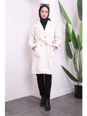 Ekru Bel Kuşaklı Düğmeli Trençkot