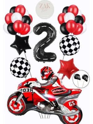 Party Boom Yarış Temalı Motorsiklet Folyo Balon Doğum Günü Balon Seti Rakam Folyo Balon 2 Yaş