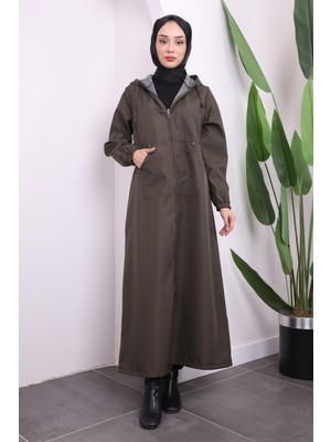 Haki Kapşonlu Fermuarlı Kap