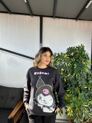 Kadın Oversizze Baskılı Antrasit Sweatshirt