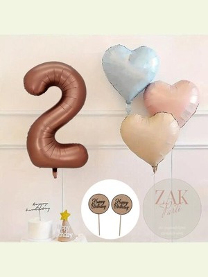 Party Boom Kahve Rakam Folyo Balon Retro Mavi Pembe Satin Kalp Folyo Balon Doğum Günü Balon Seti 2 Yaş