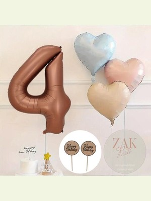 Party Boom Kahve Rakam Folyo Balon Retro Mavi Pembe Satin Kalp Folyo Balon Doğum Günü Balon Seti 4 Yaş