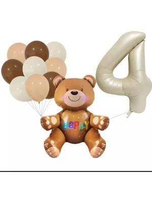 Party Boom Ayı Folyo Balon Kahverengi Ten Rengi Beyaz Pastel Balon Set Doğum Günü Balon Seti 4 Yaş