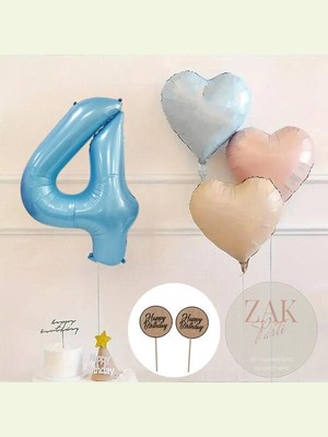 Party Boom Mavi Rakam Folyo Balon Retro Mavi Pembe Satin Kalp Folyo Balon Doğum Günü Balon Seti 4 Yaş