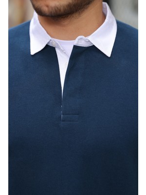 Valiberta Polo Yaka Selanik Örme Kumaş Erkek Sweatshirt - Indigo