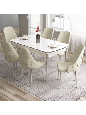 Canisa Tia Serisi, Beyaz MASA,80X132 Açılabilir Mdf Mutfak Masa Takımı 6 Sandalye Gümüş Detay