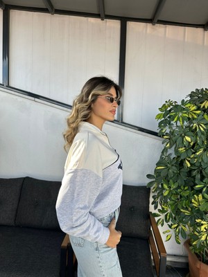 Oversize Fit Yarım Fermuarlı Kadın Crop Sweatshirt