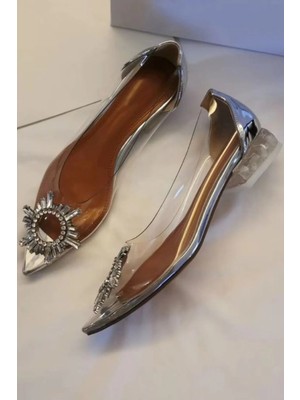 Trendy Anka Kadın Princess Gümüş Nude Taba Siyah Şeffaf Topuklu Kristal Taşlı Günlük Babet Ayakkabı