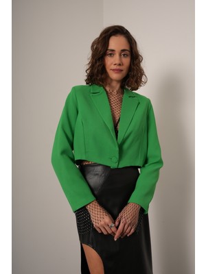 Lovely Bee Düğmeli Yeşil Crop Blazer Ceket