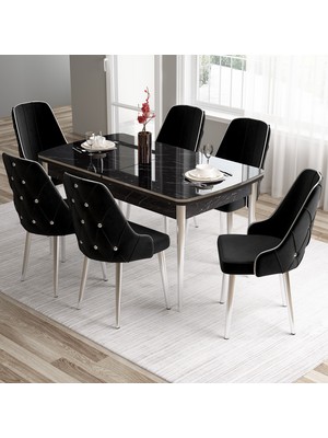 Canisa Tia Serisi, Siyah Mermer Desen 80X132 Açılabilir Mdf Mutfak Masa Takımı Takımı 6 Sandalye Gümüş Detay