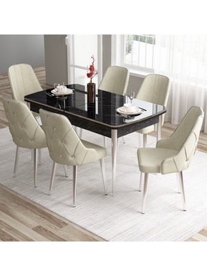Canisa Tia Serisi, Siyah Mermer Desen 80X132 Açılabilir Mdf Mutfak Masa Takımı Takımı 6 Sandalye Gümüş Detay