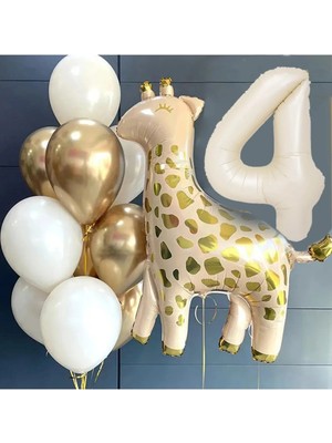 Zürafa Folyo Balon Rakam Folyo Balon Buketi Doğum Günü Balon Seti 4 Yaş